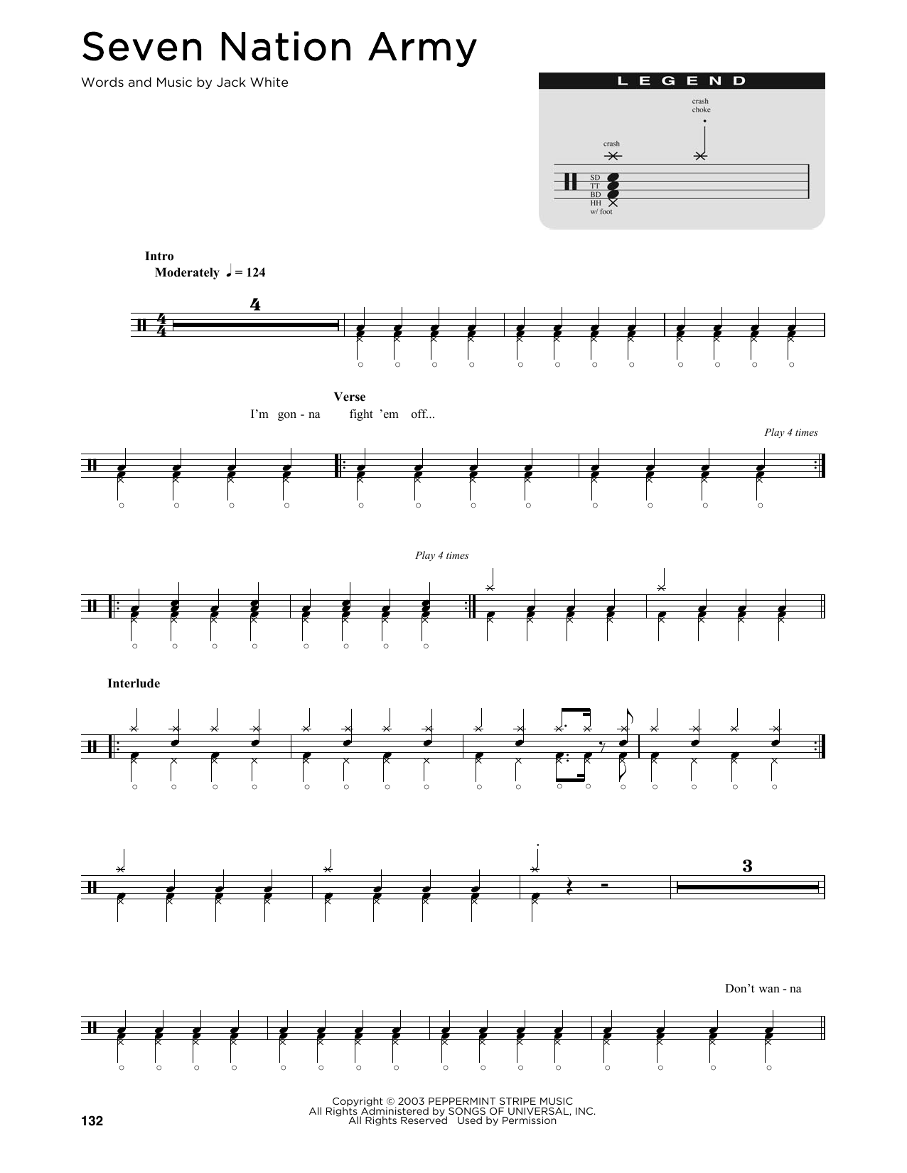 White Stripes Seven Nation Army sheet music notes and chords. Download Printable PDF.