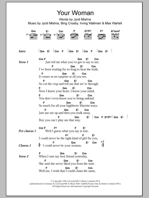 White Town Your Woman sheet music notes and chords. Download Printable PDF.