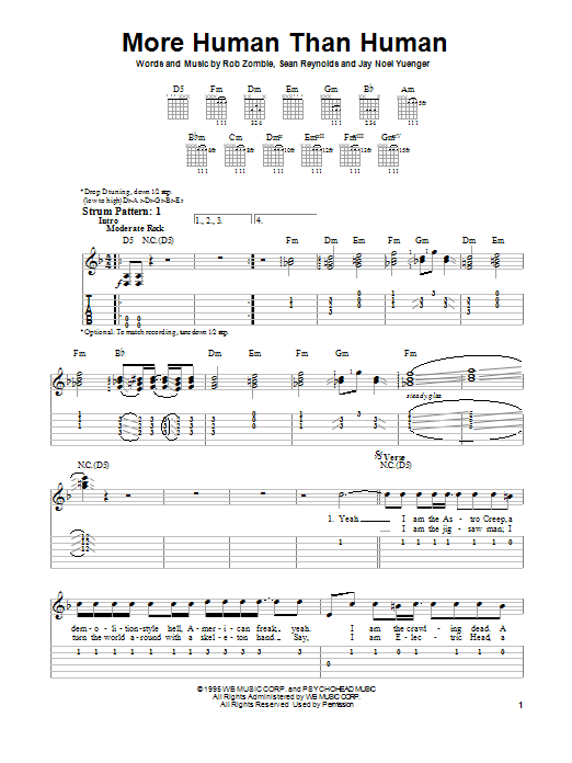 White Zombie More Human Than Human sheet music notes and chords. Download Printable PDF.