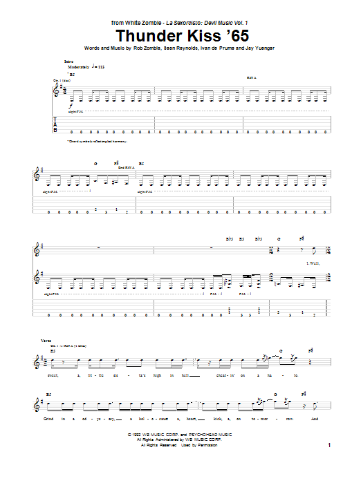 Learn to play White Zombie Thunder Kiss '65 sheet music for Guitar Tab in minutes. Price: 7.8900$ White Zombie Thunder Kiss '65 sheet music notes and chords arranged for Guitar Tab
