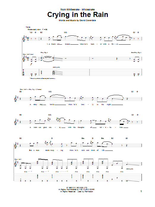 Learn to play Whitesnake Crying In The Rain sheet music for Guitar Tab in minutes. Price: 7.8900$ Whitesnake Crying In The Rain sheet music notes and chords arranged for Guitar Tab