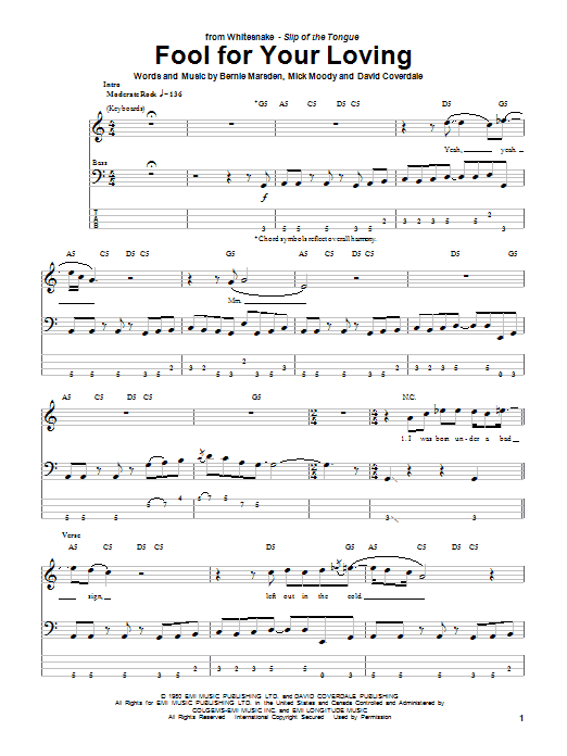 Whitesnake Fool For Your Loving sheet music notes and chords. Download Printable PDF.