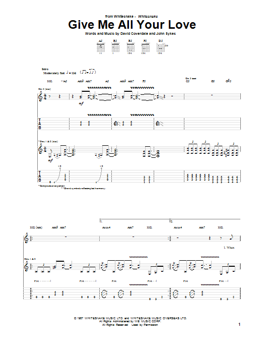 Whitesnake Give Me All Your Love sheet music notes and chords. Download Printable PDF.