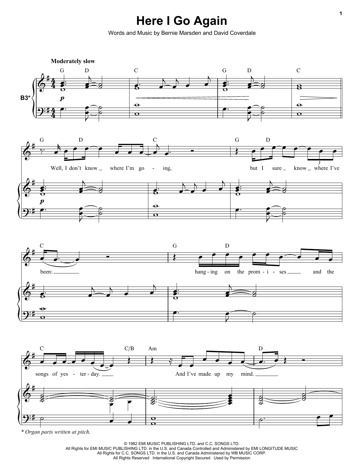 Whitesnake Here I Go Again sheet music notes and chords. Download Printable PDF.