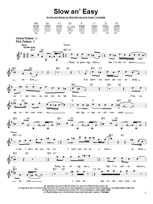 Whitesnake Slow An' Easy sheet music notes and chords. Download Printable PDF.