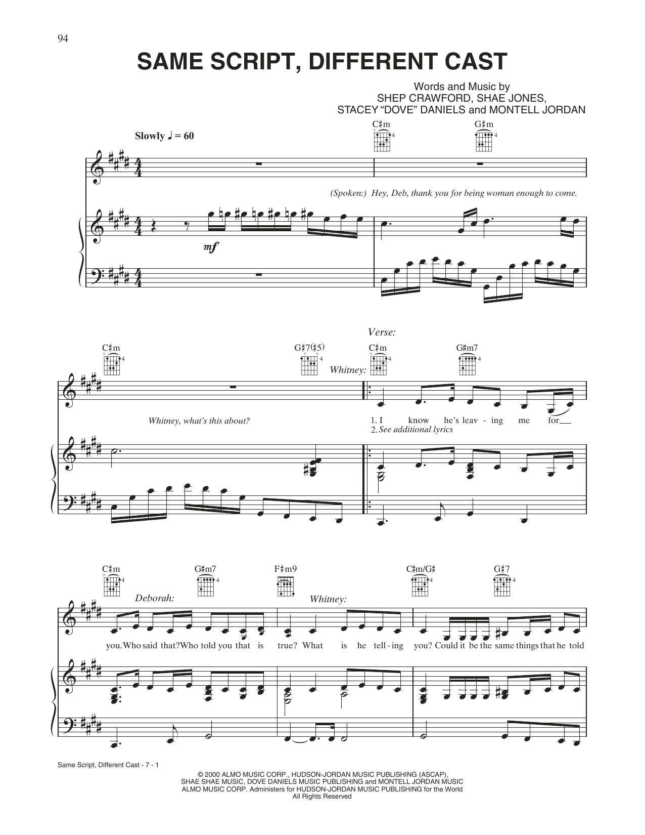 Whitney Houston and Deborah Cox Same Script, Different Cast sheet music notes and chords arranged for Piano, Vocal & Guitar Chords (Right-Hand Melody)