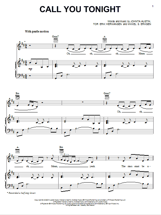 Whitney Houston Call You Tonight sheet music notes and chords arranged for Piano, Vocal & Guitar Chords (Right-Hand Melody)