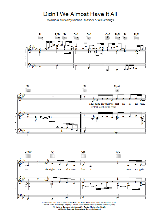 Whitney Houston Didn't We Almost Have It All sheet music notes and chords. Download Printable PDF.