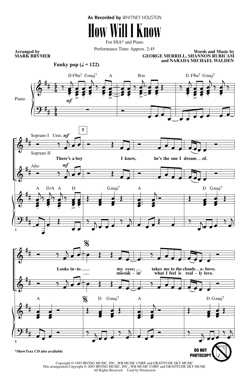 Whitney Houston How Will I Know (arr. Mark Brymer) sheet music notes and chords. Download Printable PDF.