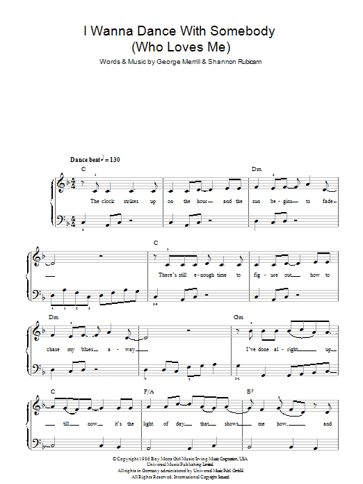 Whitney Houston I Wanna Dance With Somebody (Who Loves Me) sheet music notes and chords. Download Printable PDF.