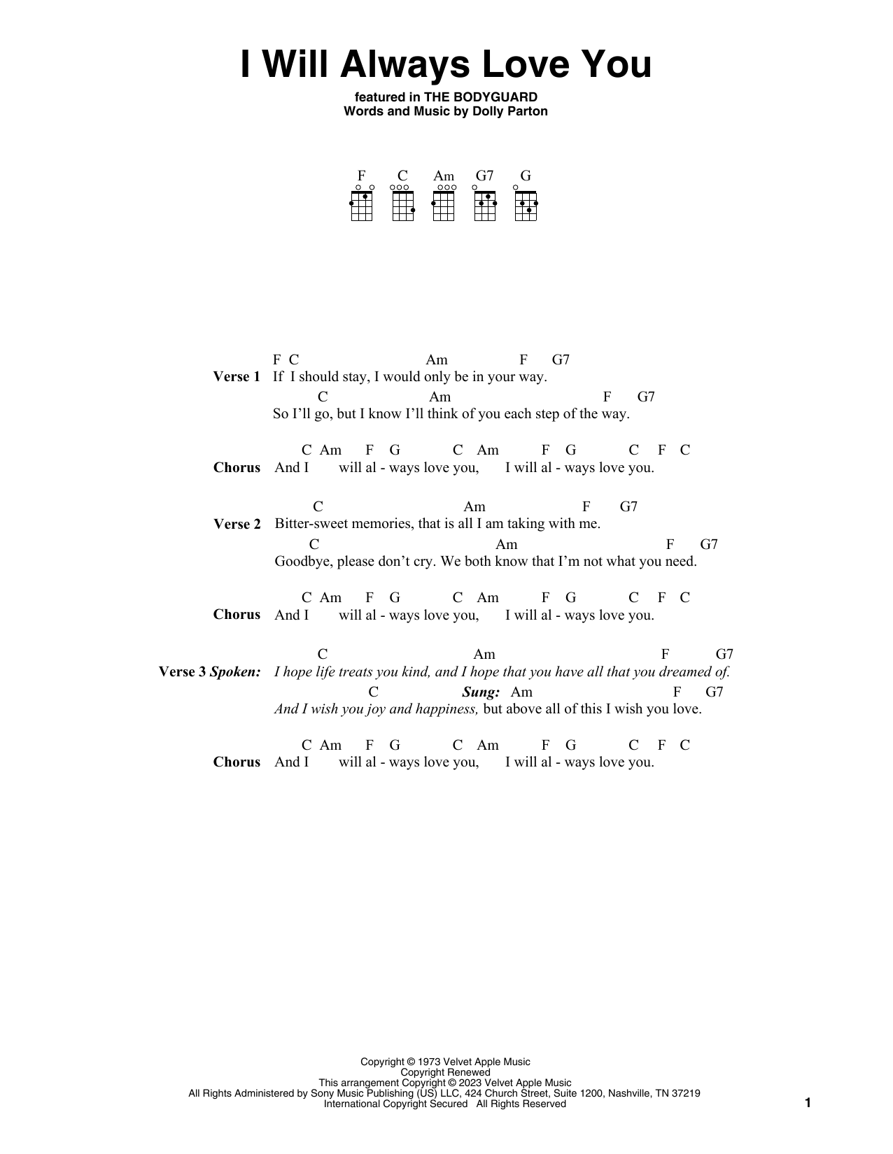 Whitney Houston I Will Always Love You (from The Bodyguard) sheet music notes and chords. Download Printable PDF.