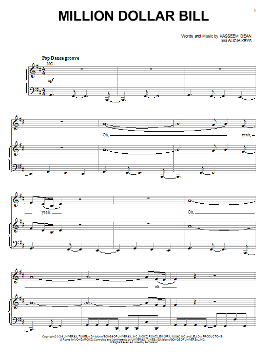 Whitney Houston Million Dollar Bill sheet music notes and chords arranged for Piano, Vocal & Guitar Chords (Right-Hand Melody)