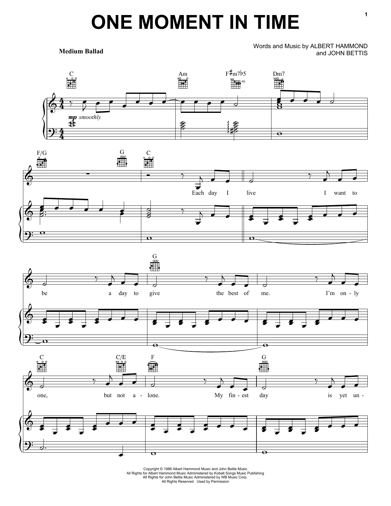 Whitney Houston One Moment In Time sheet music notes and chords. Download Printable PDF.