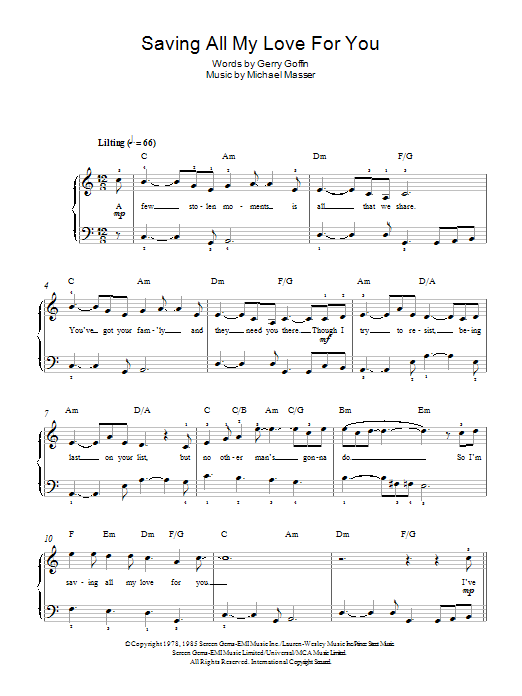 Whitney Houston Saving All My Love For You sheet music notes and chords. Download Printable PDF.