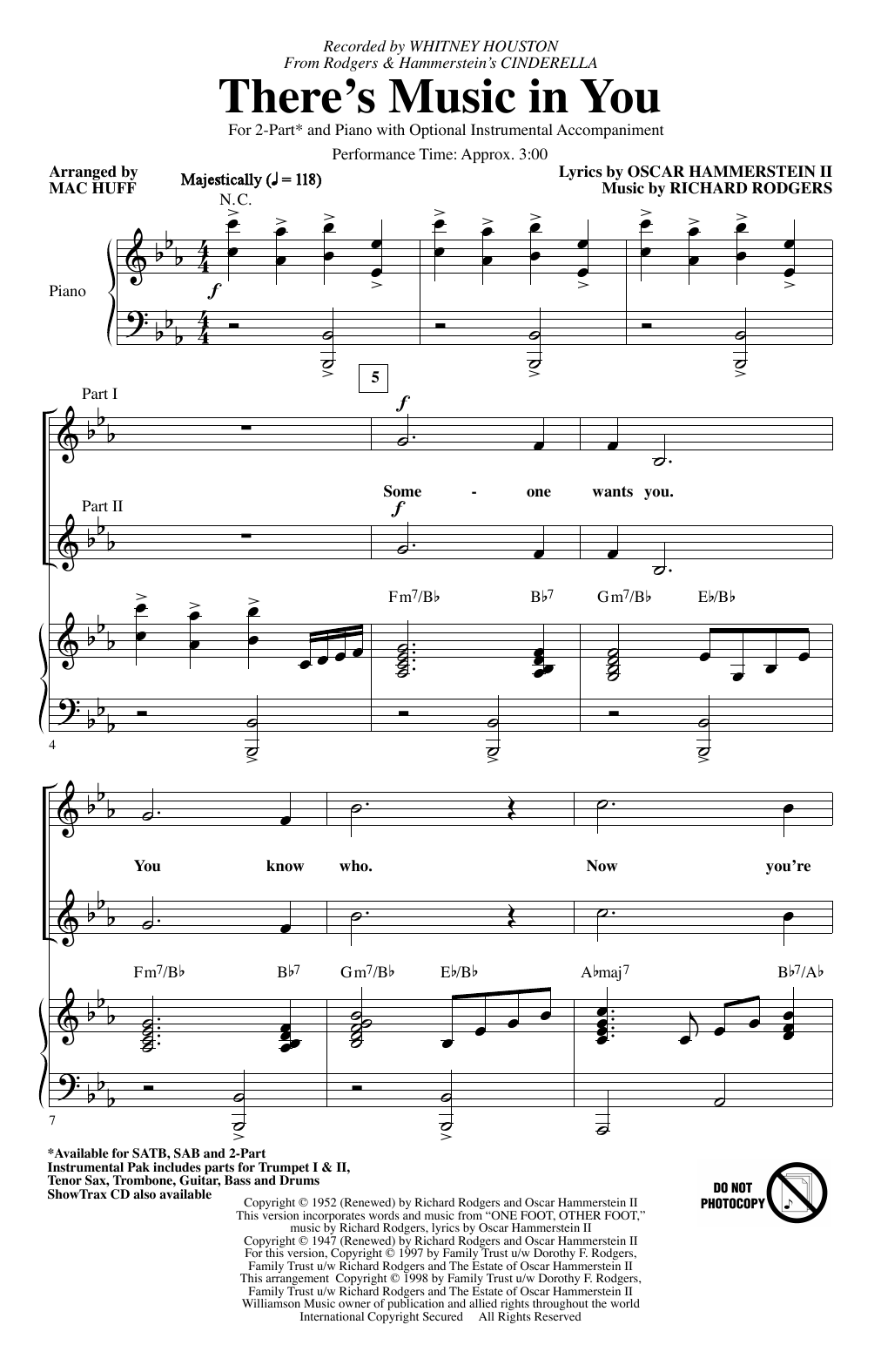 Whitney Houston There's Music In You (from Cinderella) (arr. Mac Huff) sheet music notes and chords. Download Printable PDF.