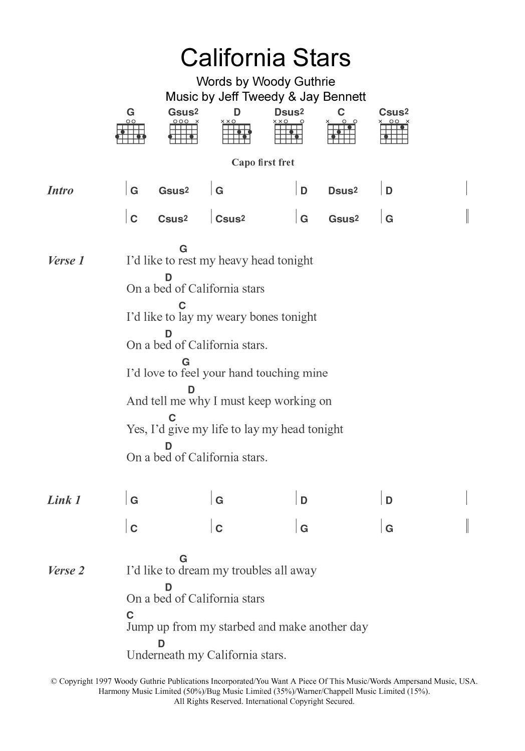 Wilco & Billy Bragg California Stars sheet music notes and chords. Download Printable PDF.