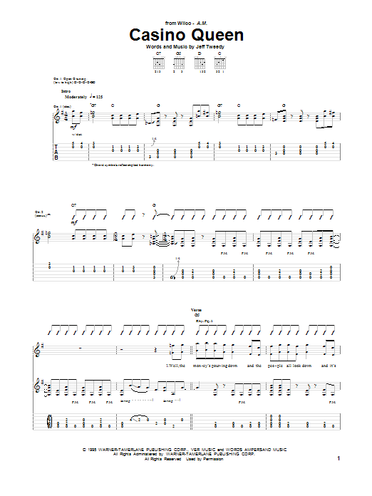 Learn to play Wilco Casino Queen sheet music for Guitar Tab in minutes. Price: 7.8900$ Wilco Casino Queen sheet music notes and chords arranged for Guitar Tab