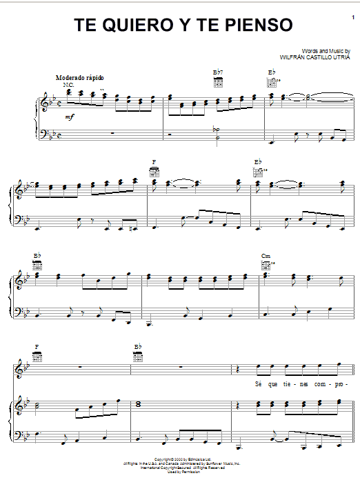 Learn to play Wilfrán Castillo Utria Te Quiero Y Te Pienso sheet music for Piano, Vocal & Guitar Chords (Right-Hand Melody) in minutes. Price: 7.8900$ Wilfrán Castillo Utria Te Quiero Y Te Pienso sheet music notes and chords arranged for Piano, Vocal & Guitar Chords (Right-Hand Melody)