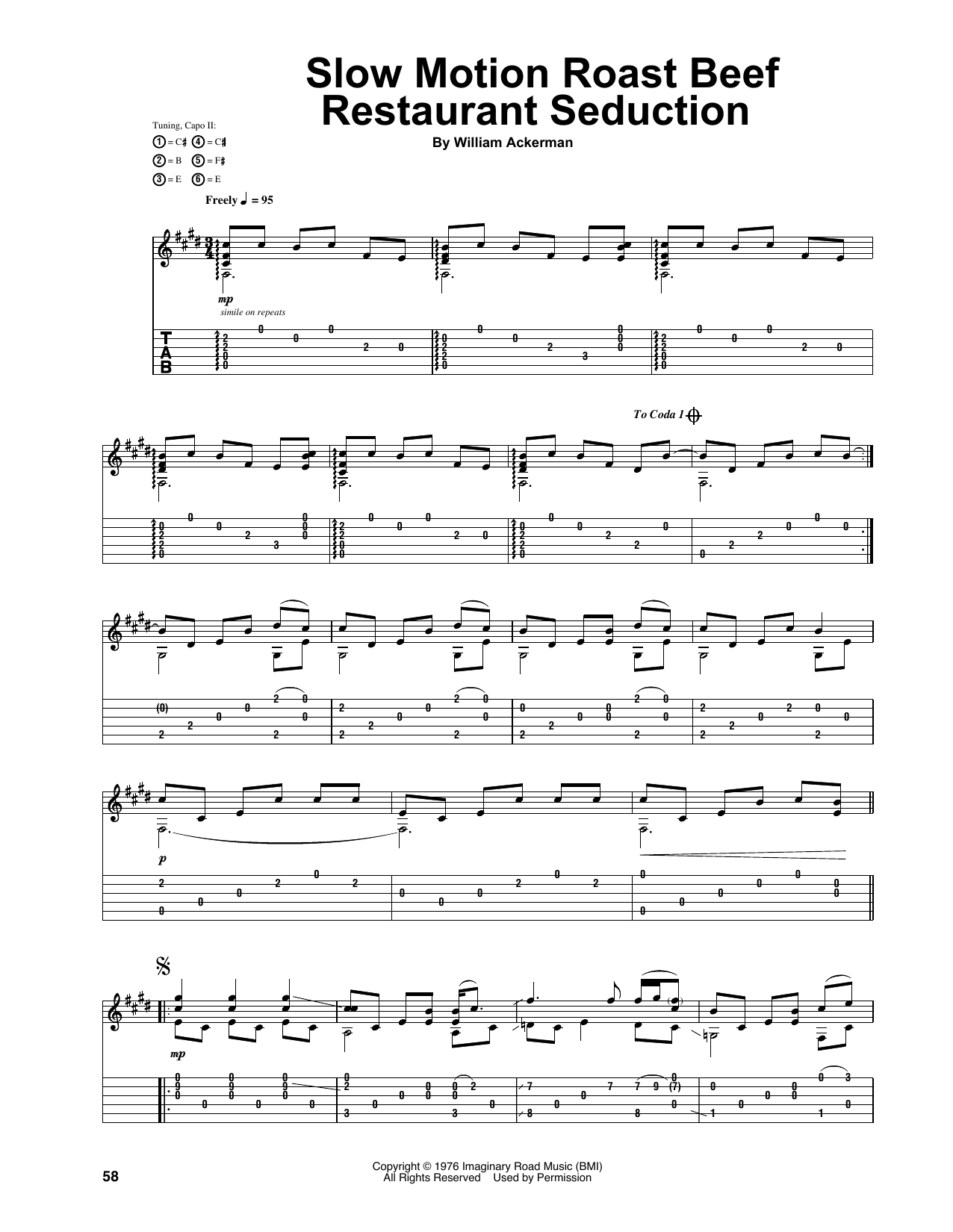 Learn to play Will Ackerman Slow Motion Roast Beef Restaurant Seduction sheet music for Guitar Tab in minutes. Price: 7.8900$ Will Ackerman Slow Motion Roast Beef Restaurant Seduction sheet music notes and chords arranged for Guitar Tab
