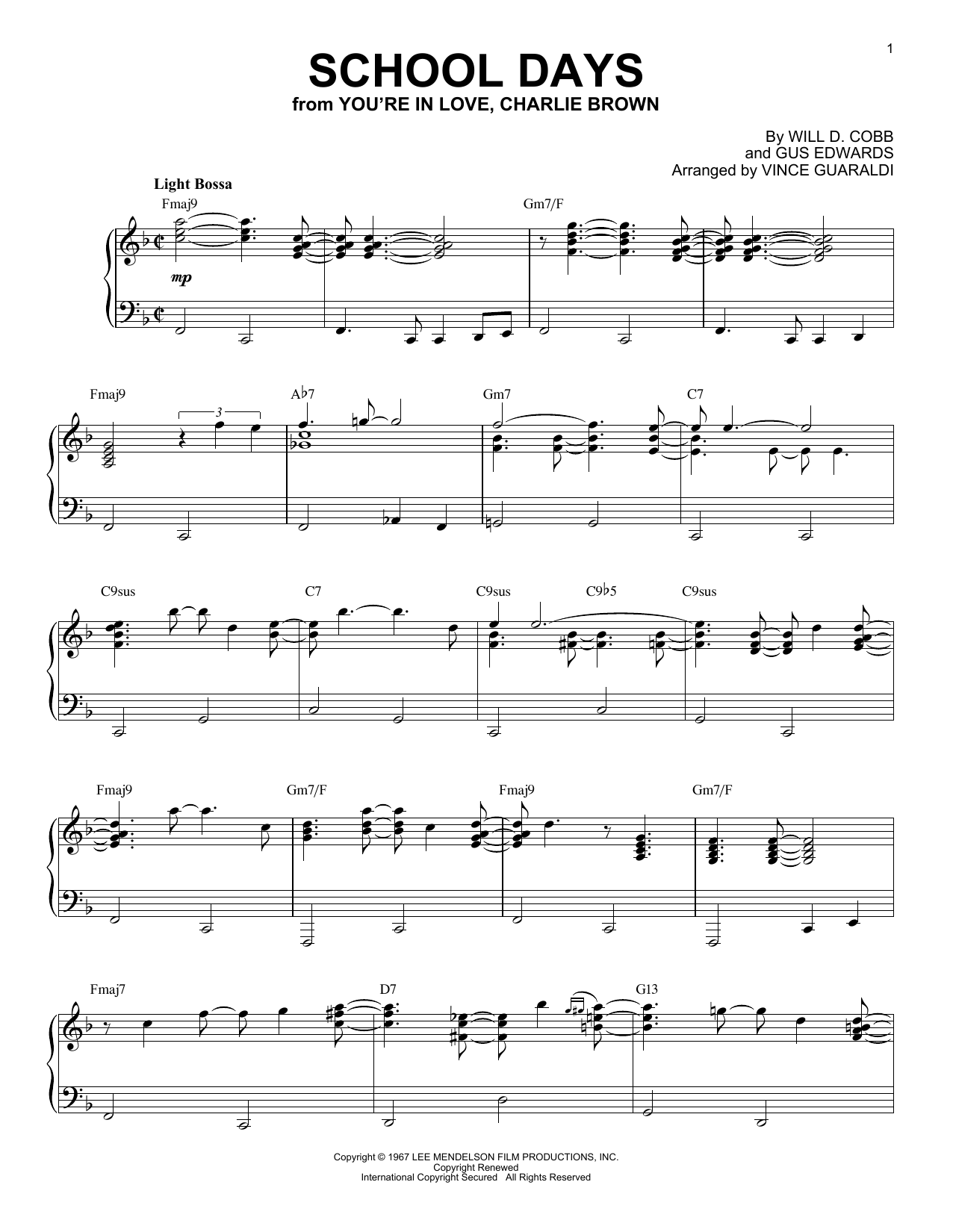 Will D. Cobb & Gus Edwards School Days (arr. Vince Guaraldi) sheet music notes and chords. Download Printable PDF.