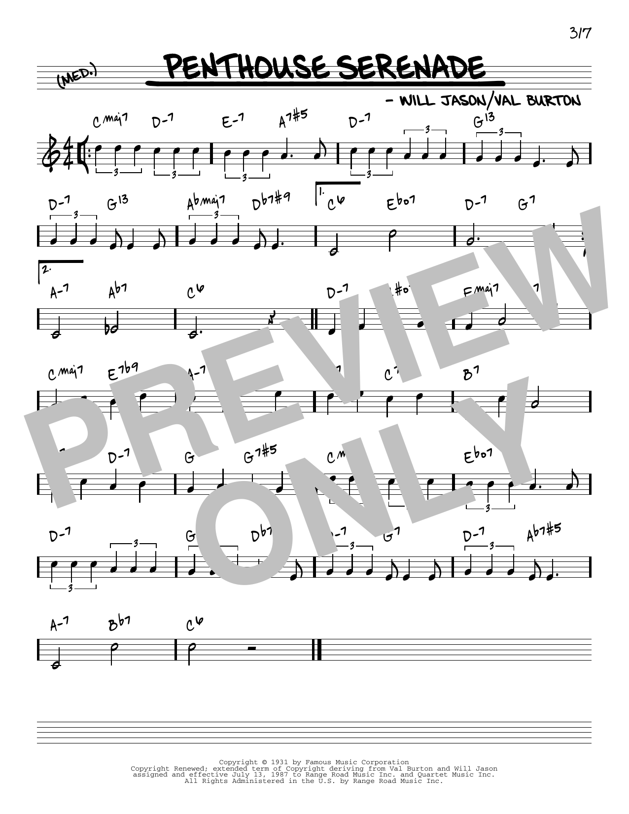 Will Jason Penthouse Serenade [Reharmonized version] (arr. Jack Grassel) sheet music notes and chords arranged for Real Book – Melody & Chords