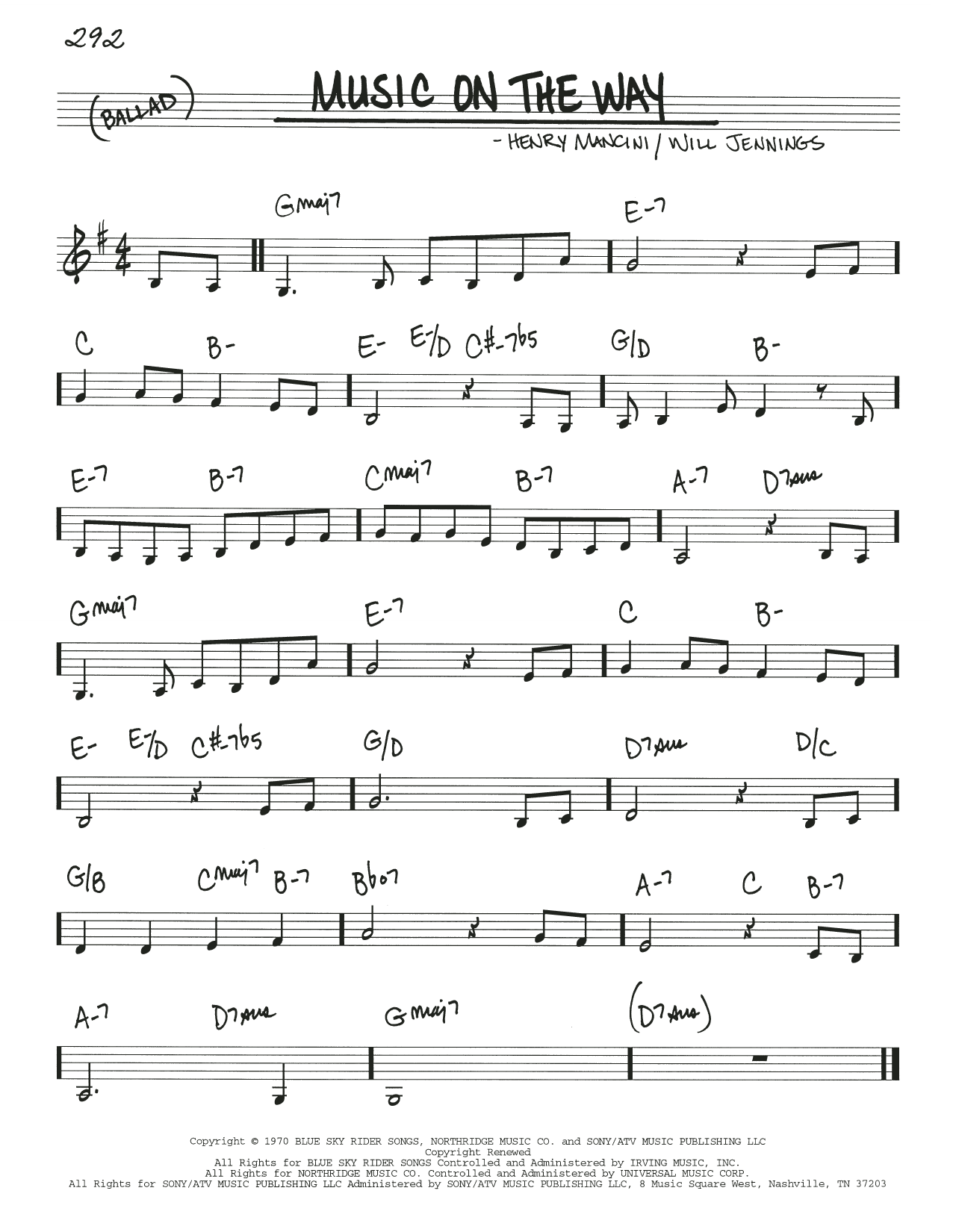 Learn to play Will Jennings and Henry Mancini Music On The Way sheet music for Real Book – Melody & Chords in minutes. Price: 5.9900$ Will Jennings and Henry Mancini Music On The Way sheet music notes and chords arranged for Real Book – Melody & Chords
