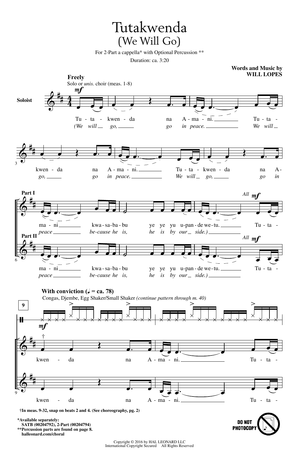 Will Lopes Tutakwenda (We Will Go) sheet music notes and chords. Download Printable PDF.