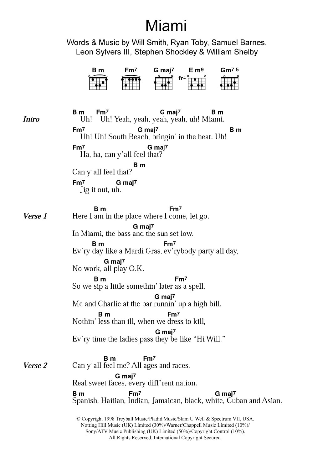 Will Smith Miami sheet music notes and chords. Download Printable PDF.