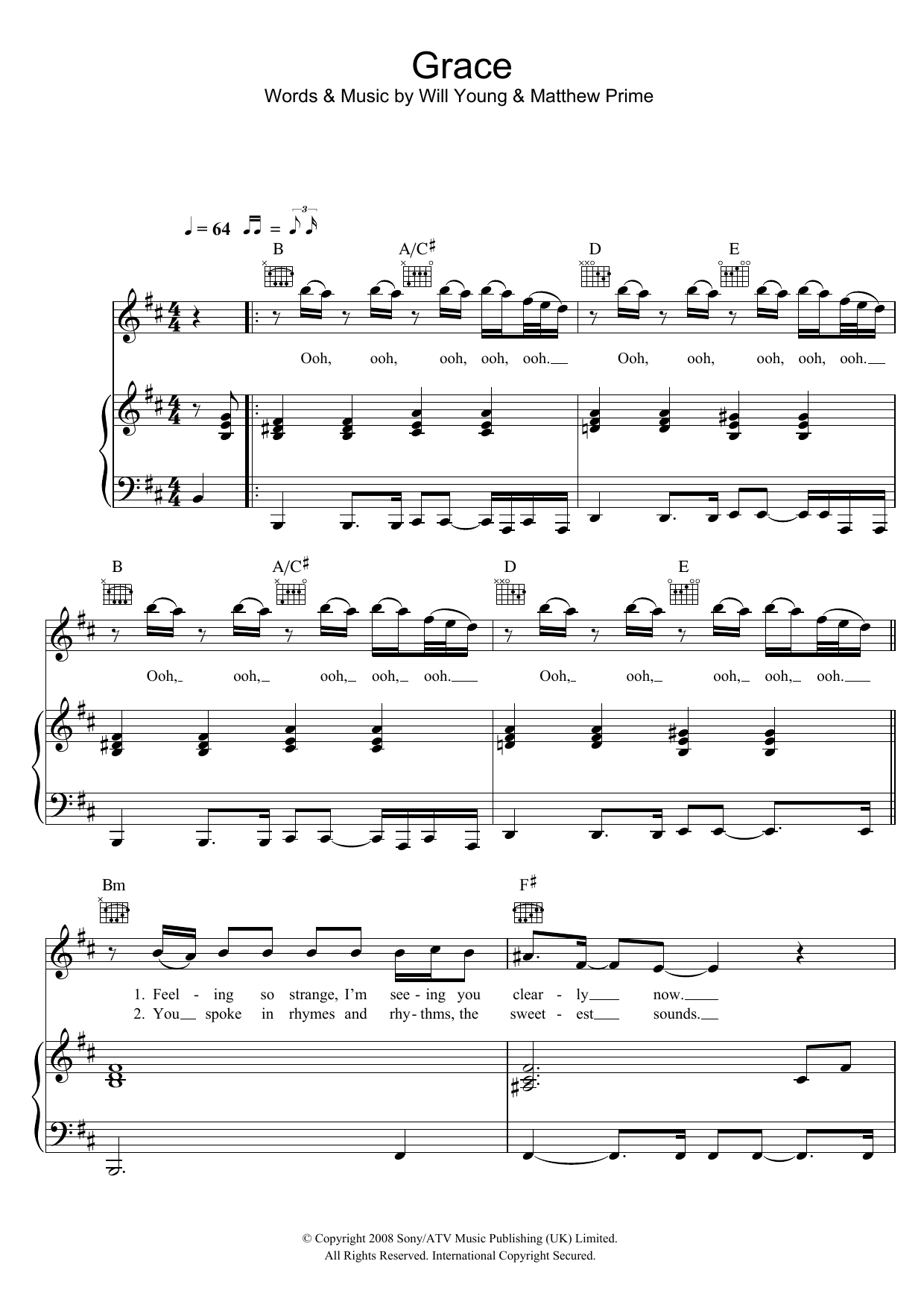 Will Young Grace sheet music notes and chords arranged for Piano, Vocal & Guitar Chords