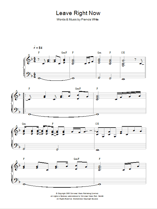 Will Young Leave Right Now sheet music notes and chords. Download Printable PDF.