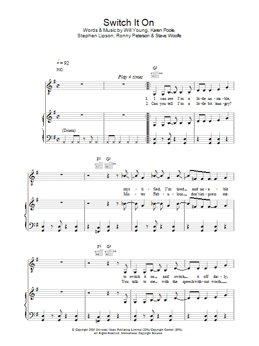 Learn to play Will Young Switch It On sheet music for Piano, Vocal & Guitar Chords in minutes. Price: 7.8900$ Will Young Switch It On sheet music notes and chords arranged for Piano, Vocal & Guitar Chords