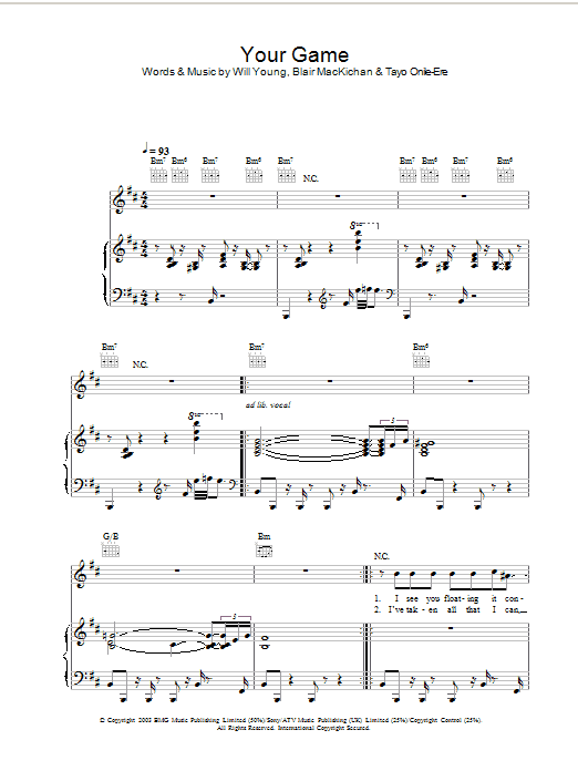 Will Young Your Game sheet music notes and chords arranged for Piano, Vocal & Guitar Chords