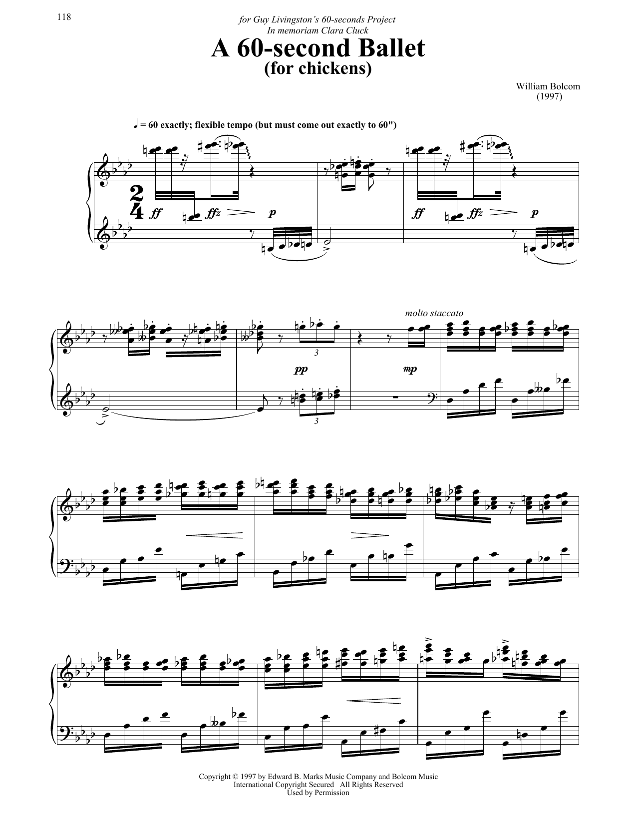Learn to play William Bolcom A 60-Second Ballet (For Chickens) sheet music for Piano Solo in minutes. Price: 7.8900$ William Bolcom A 60-Second Ballet (For Chickens) sheet music notes and chords arranged for Piano Solo
