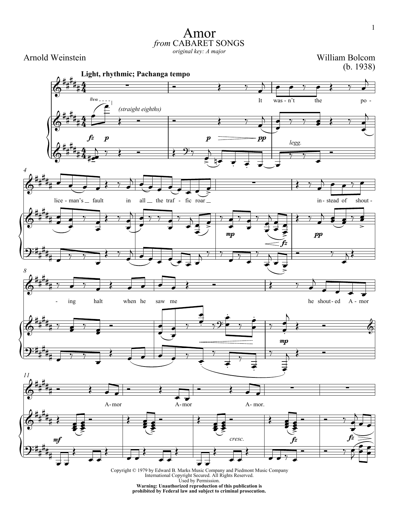 William Bolcom Amor sheet music notes and chords. Download Printable PDF.