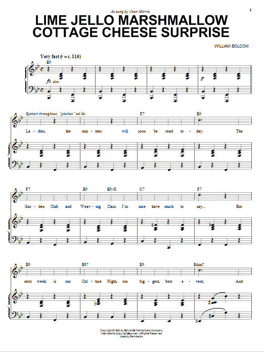 Learn to play William Bolcom Lime Jello Marshmallow Cottage Cheese Surprise sheet music for Piano & Vocal in minutes. Price: 7.8900$ William Bolcom Lime Jello Marshmallow Cottage Cheese Surprise sheet music notes and chords arranged for Piano & Vocal