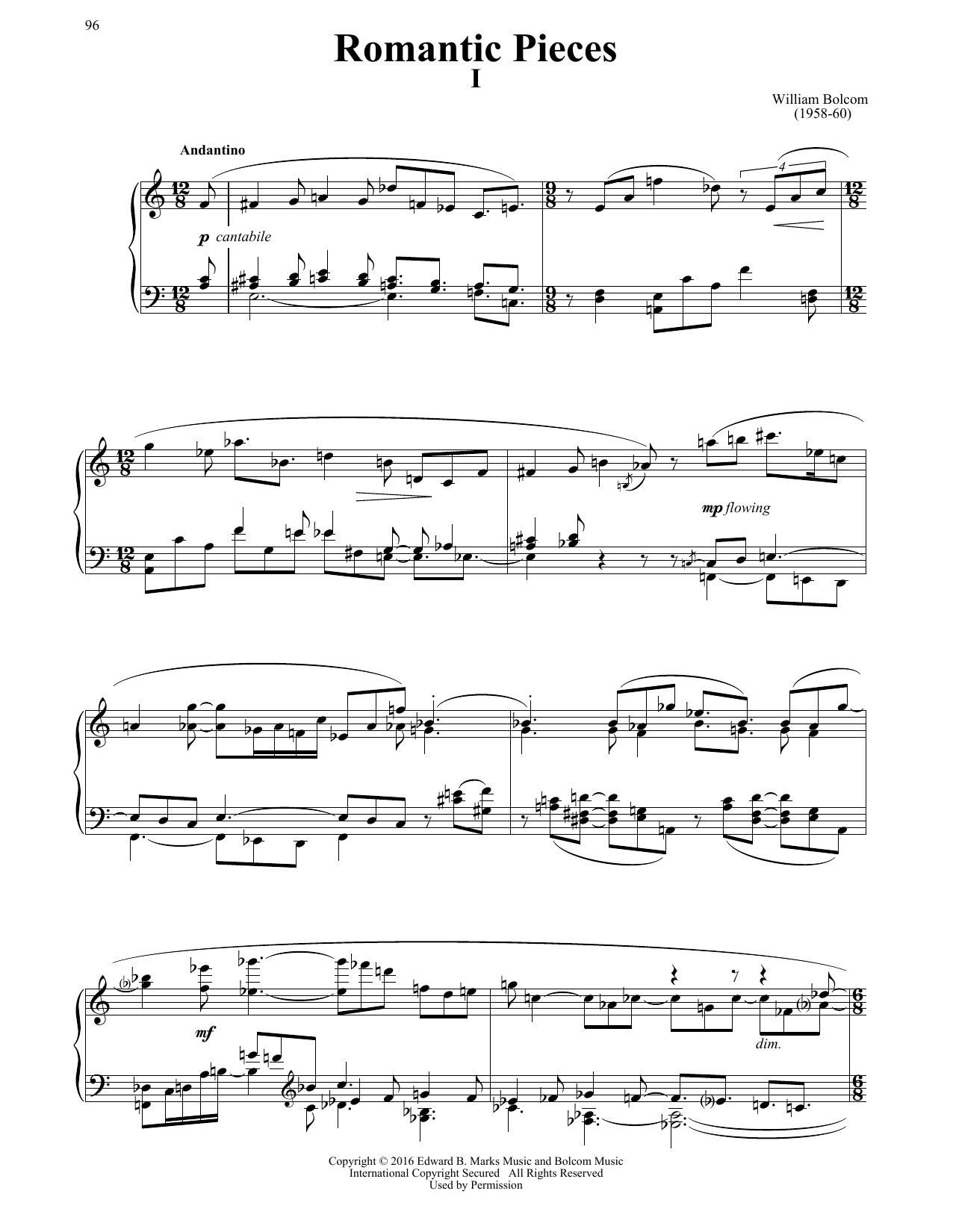 Learn to play William Bolcom Romantic Pieces sheet music for Piano Solo in minutes. Price: 7.8900$ William Bolcom Romantic Pieces sheet music notes and chords arranged for Piano Solo