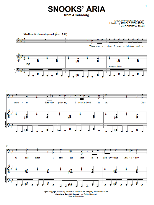 William Bolcom Snooks' Aria sheet music notes and chords arranged for Piano & Vocal