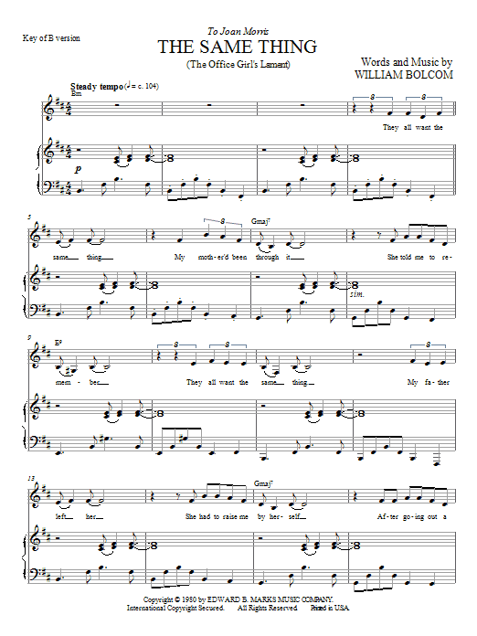 William Bolcom The Same Thing (The Office Girl's Lament) sheet music notes and chords arranged for Piano & Vocal