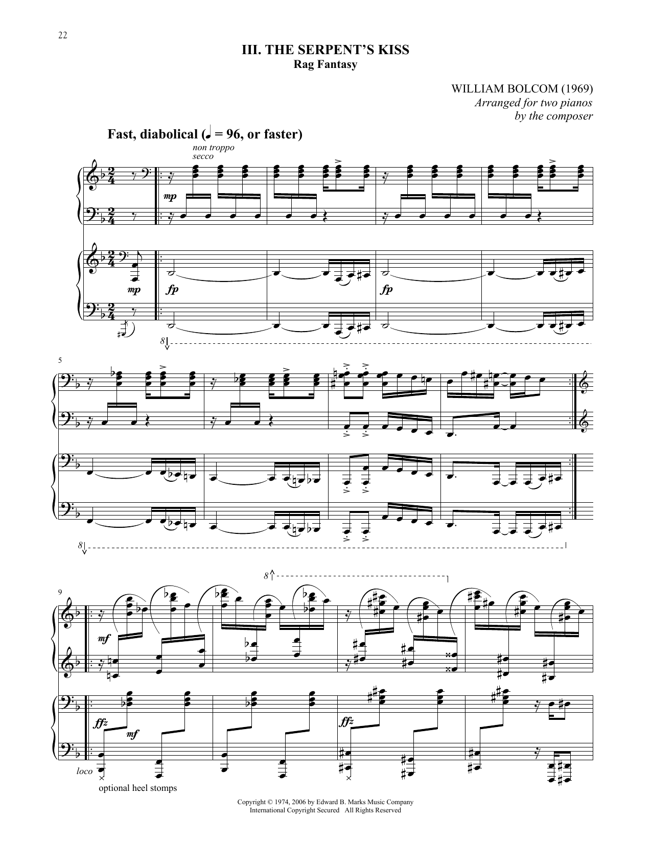 Learn to play William Bolcom The Serpent's Kiss sheet music for Piano Duet in minutes. Price: 7.8900$ William Bolcom The Serpent's Kiss sheet music notes and chords arranged for Piano Duet