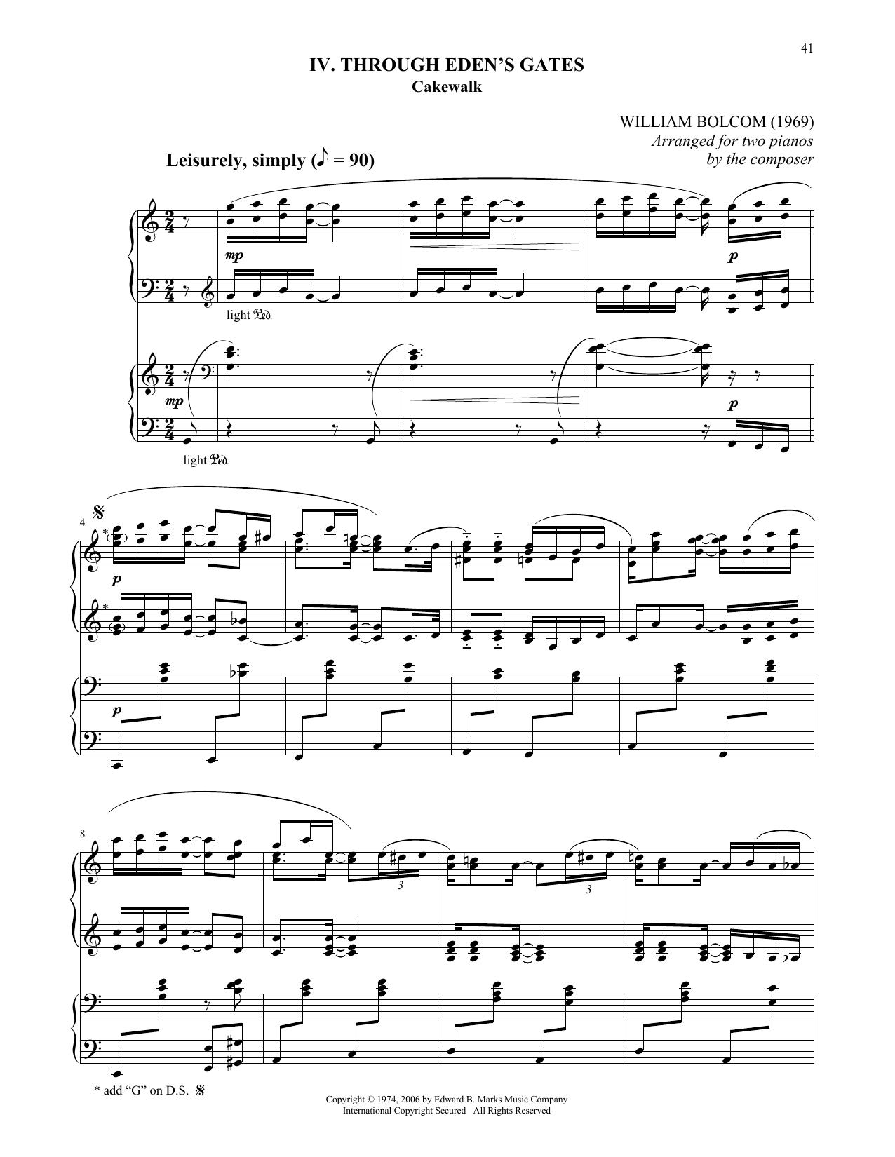 Learn to play William Bolcom Through Eden's Gates sheet music for Piano Duet in minutes. Price: 7.8900$ William Bolcom Through Eden's Gates sheet music notes and chords arranged for Piano Duet