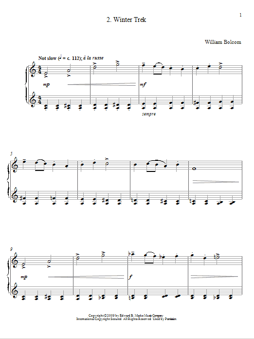 Learn to play William Bolcom Winter Trek sheet music for Piano Solo in minutes. Price: 7.8900$ William Bolcom Winter Trek sheet music notes and chords arranged for Piano Solo