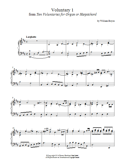 Learn to play William Boyce Voluntary 1 In D Major From 10 Voluntaries For Harpsichord sheet music for Piano Solo in minutes. Price: 7.8900$ William Boyce Voluntary 1 In D Major From 10 Voluntaries For Harpsichord sheet music notes and chords arranged for Piano Solo