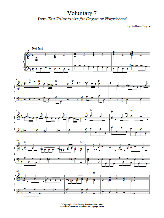 Learn to play William Boyce Voluntary 7 In D Minor From 10 Voluntaries For Harpsichord sheet music for Piano Solo in minutes. Price: 7.8900$ William Boyce Voluntary 7 In D Minor From 10 Voluntaries For Harpsichord sheet music notes and chords arranged for Piano Solo
