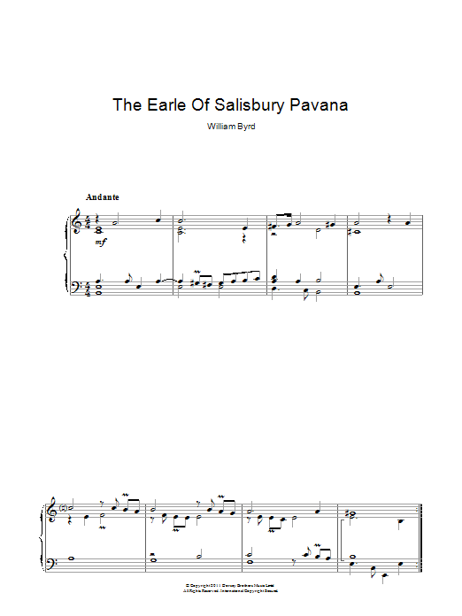 Learn to play William Byrd The Earle Of Salisbury Pavana sheet music for Piano Solo in minutes. Price: 7.8900$ William Byrd The Earle Of Salisbury Pavana sheet music notes and chords arranged for Piano Solo