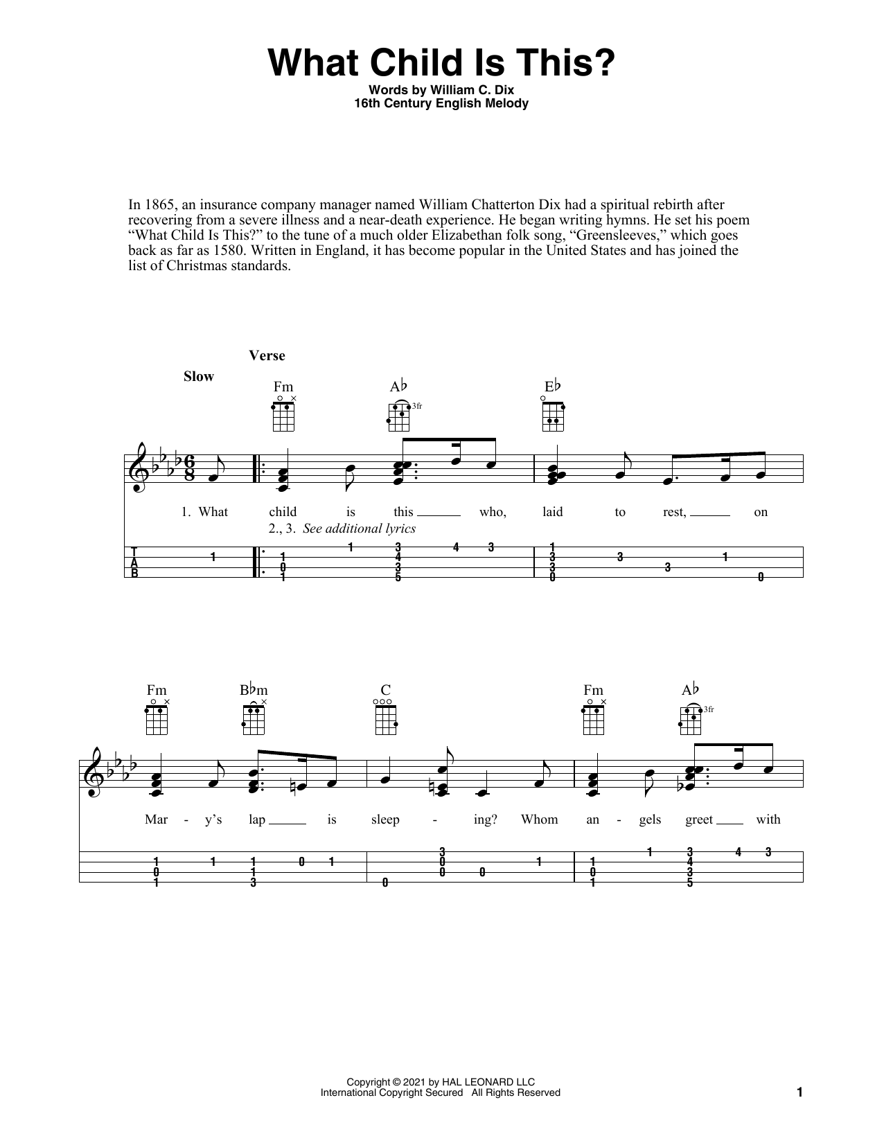 Learn to play William C. Dix What Child Is This? (arr. Fred Sokolow) sheet music for Ukulele in minutes. Price: 5.9900$ William C. Dix What Child Is This? (arr. Fred Sokolow) sheet music notes and chords arranged for Ukulele