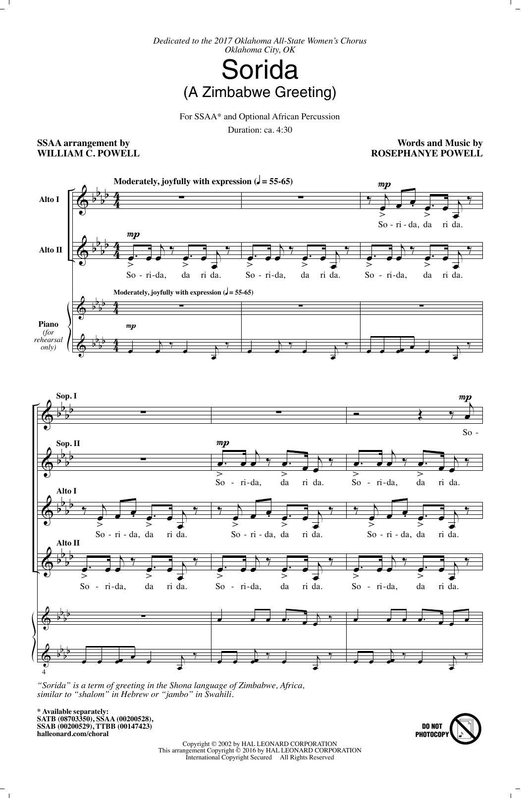 William C. Powell Sorida (A Zimbabwe Greeting) sheet music notes and chords arranged for SSAA Choir