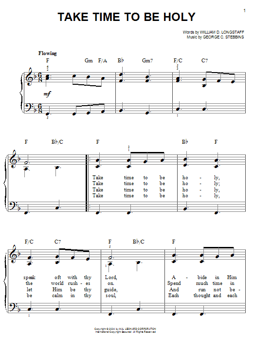 Learn to play William D. Longstaff Take Time To Be Holy sheet music for Easy Piano in minutes. Price: 6.9900$ William D. Longstaff Take Time To Be Holy sheet music notes and chords arranged for Easy Piano