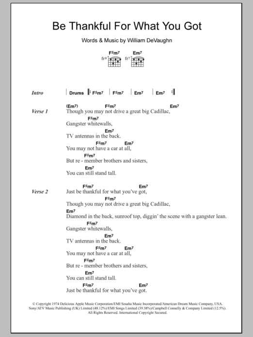 William DeVaughn Be Thankful For What You Got sheet music notes and chords. Download Printable PDF.