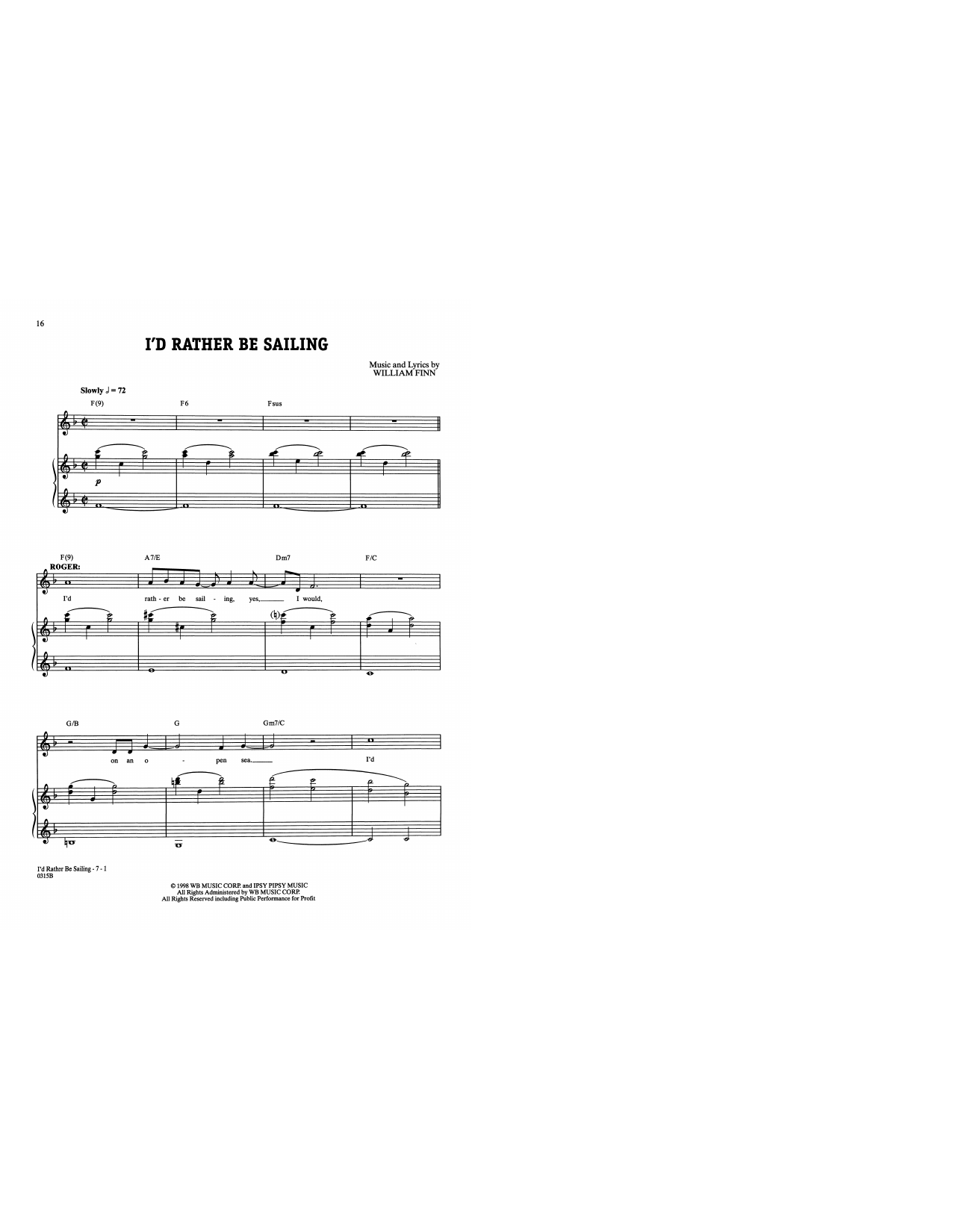 William Finn I'd Rather Be Sailing (from A New Brain) sheet music notes and chords. Download Printable PDF.