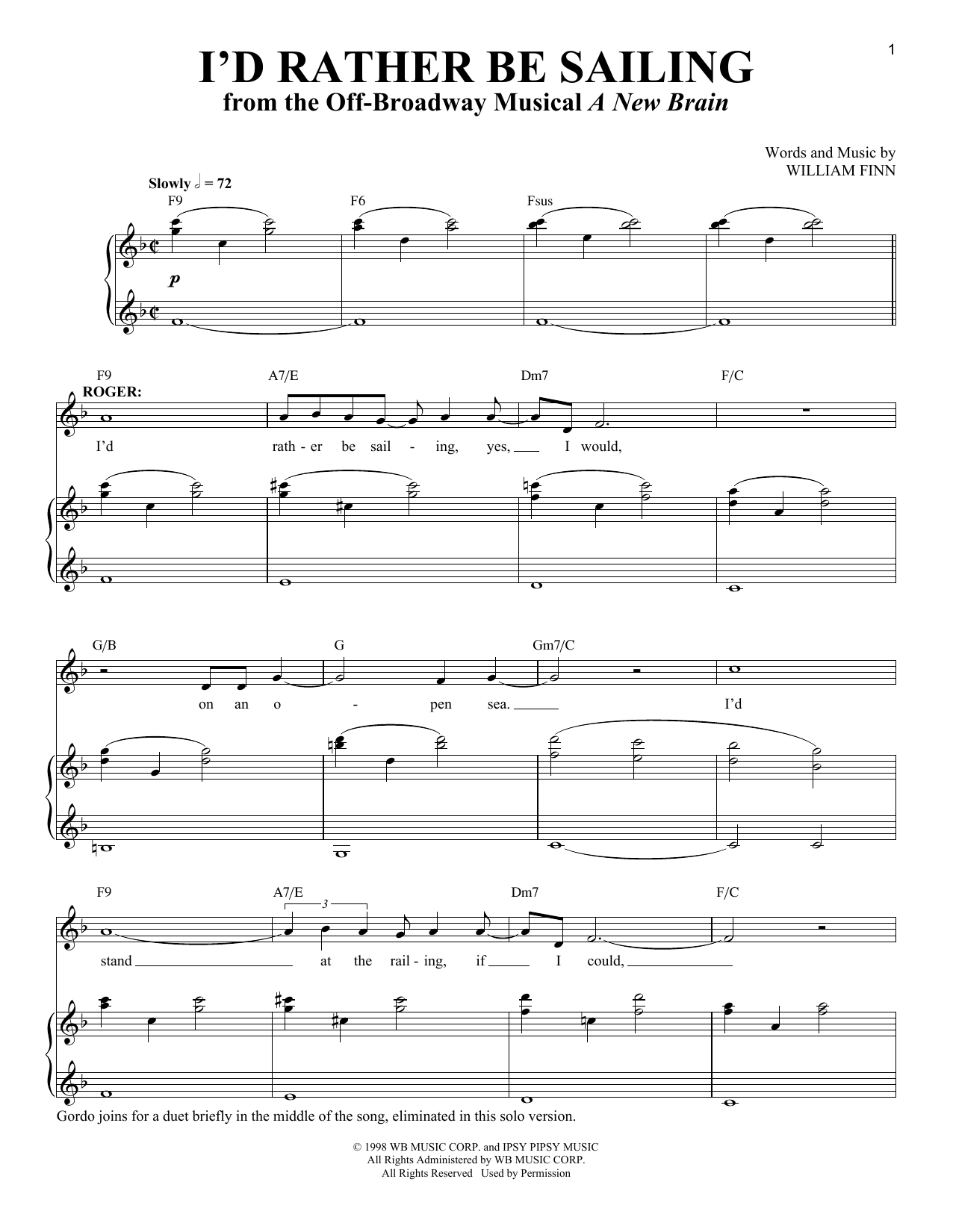 William Finn I'd Rather Be Sailing sheet music notes and chords. Download Printable PDF.